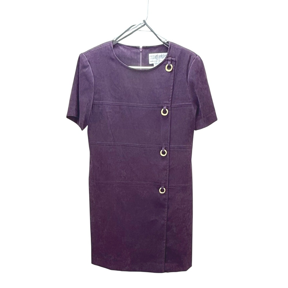 Jessica Howard Petite Vintage Faux Suede Dress 12P Purple Shift Gold Ring Detail